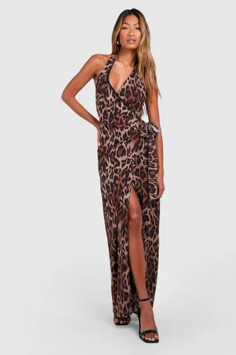 Womens Chiffon Leopard Cowl Maxi Dress - Brown - 8, Brown
