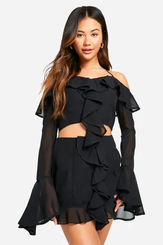 Womens Chiffon Ruffle Front Mini Skirt - Black - 6, Black