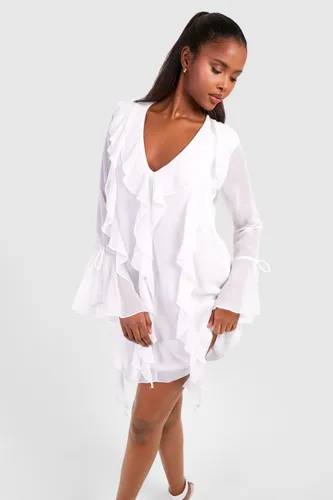 Womens Chiffon Ruffle Shift Dress - White - 8, White