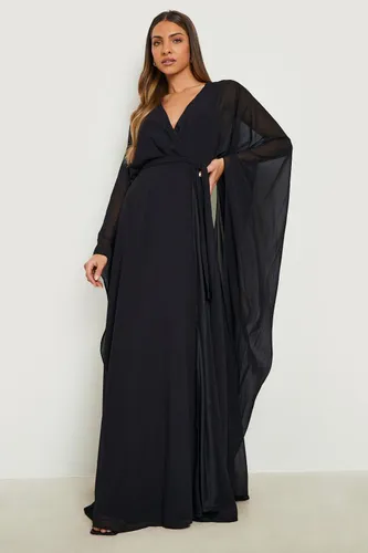 Womens Chiffon Wrap Cape Sleeve Maxi Dress - Black - 8, Black