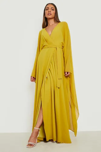 Womens Chiffon Wrap Cape Sleeve Maxi Dress - Yellow - 8, Yellow