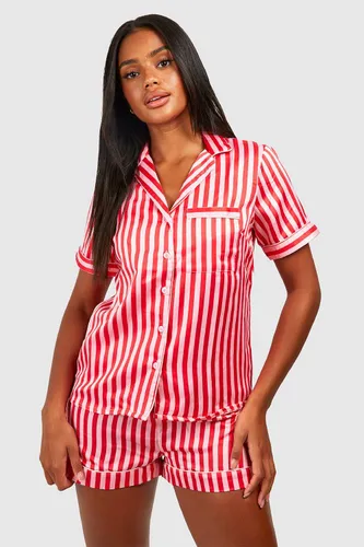 Womens Christmas Candy Stripe Satin Pyjama Shirt & Short Set - Pink - 12, Pink