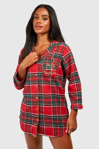 Womens Christmas Naughty List Embroidered Check Night Shirt - 10, Red