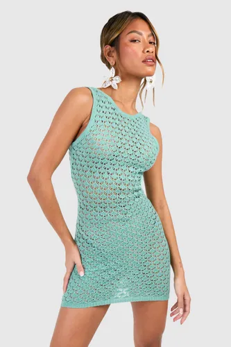 Womens Chunky Crochet Scoop Back Mini Dress - Blue - S, Blue