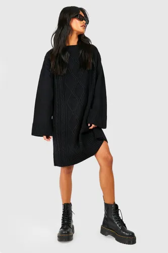 Womens Chunky Oversized Cable Knit Jumper Dress - Black - S, Black