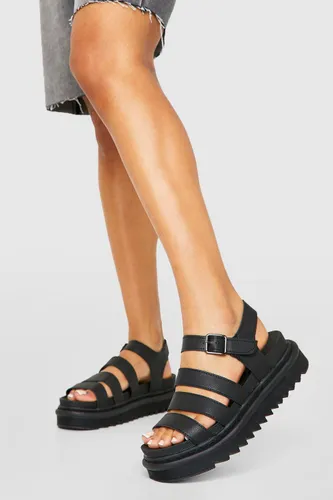 Womens Chunky Platform Triple Strap Flatform Sandals - Black - 3, Black