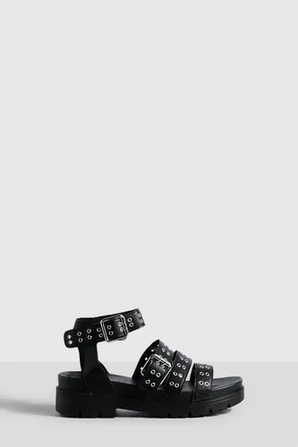Womens Chunky Platform Triple Strap Studded Flatform Sandals - Black - 3, Black