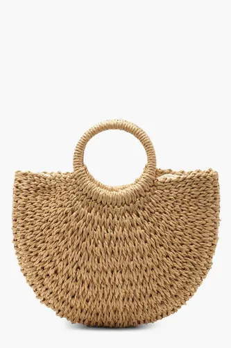 Womens Circle Handle Straw Bag - Small - Beige - One Size, Beige