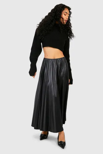 Womens Coated Pleated Midaxi Skirt - Black - 6, Black