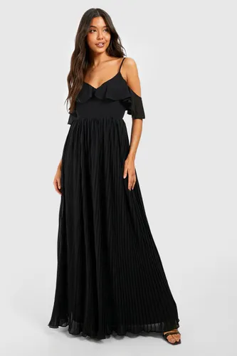 Womens Cold Shoulder Pleated Chiffon Maxi Dress - Black - 10, Black