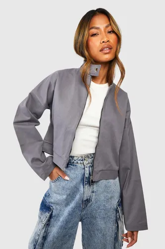 Womens Collar Detail Twill Jacket - Grey - 8, Grey