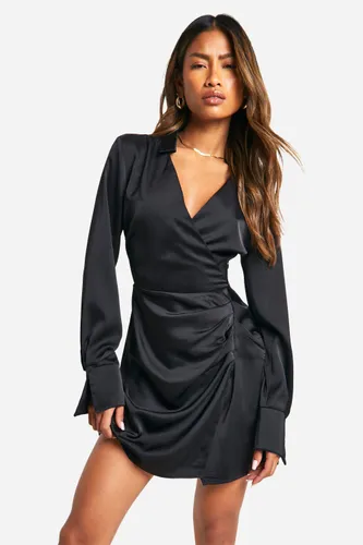 Womens Collared Plunge Shirt Dress - Black - 8, Black