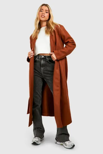 Womens Collarless Wool Look Belted Coat - Brown - 8, Brown