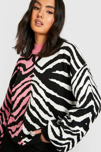 Womens Colour Block Zebra Print Jumper - Pink - S, Pink