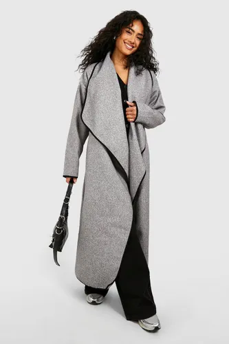 Womens Contrast Binding Super Oversized Waterfall Wool Look Coat - Grey - 10, Grey