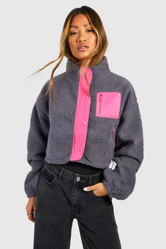 Womens Contrast Nylon Pocket Teddy Jacket - Grey - 14, Grey