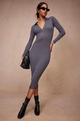 Womens Contrast Rib Polo Collar Knitted Midi Dress - Grey - Xl, Grey