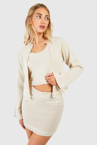 Womens Contrast Stitch 3 Piece Knitted Cardigan, Crop Top And Mini Skirt Set - Beige - L, Beige