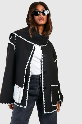 Womens Contrast Stitch Detail Jacket With Scarf - Black - 8, Black