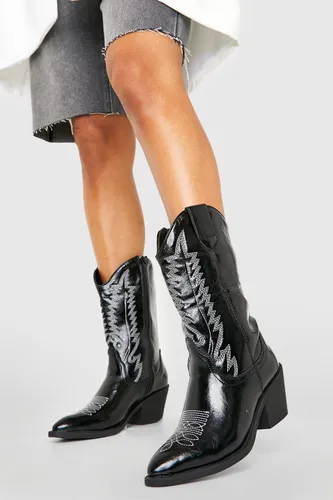 Womens Contrast Stitch Faux Leather Western Cowboy Boots - Black - 3, Black