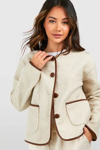 Womens Contrast Trim Wool Look Jacket - Beige - 8, Beige