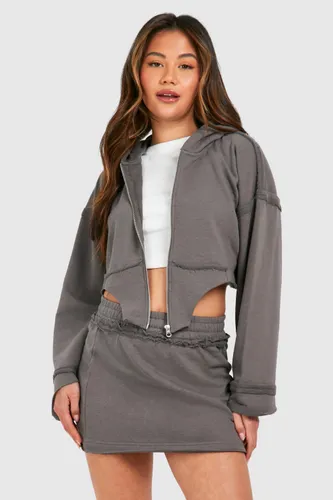 Womens Corset Hem Zip Through Hooded And Sweat Skirt Set - Grey - S, Grey