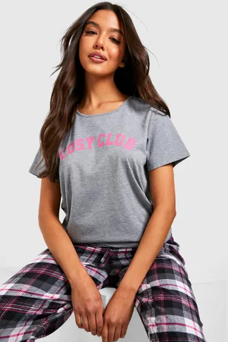 Womens Cosy Club Pyjama T-Shirt & Check Trouser Set - Grey - 16, Grey