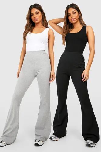 Womens Cotton 2 Pack Black & Grey High Waisted Flared Trousers - 12, Black