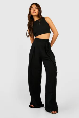Womens Cotton Crinkle Belted Wide Leg Trousers - Black - 14, Black