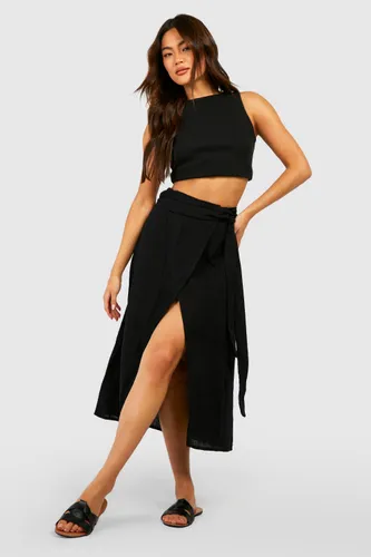 Womens Cotton Crinkle Midi Wrap Skirt - Black - 12, Black