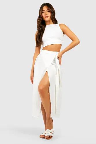 Womens Cotton Crinkle Midi Wrap Skirt - White - 12, White
