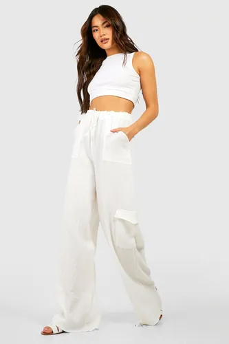 Womens Cotton Crinkle Relaxed Fit Cargo Trousers - White - 10, White
