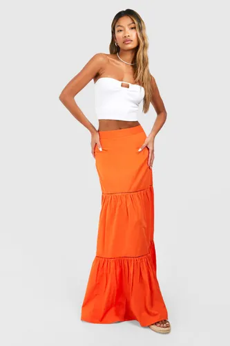 Womens Cotton Crochet Trim Maxi Skirt - Orange - 6, Orange