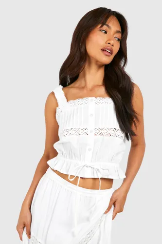Womens Cotton Lace Detail Strappy Crop Top - White - 6, White