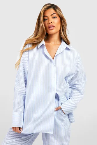 Womens Cotton Pinstripe Oversized Pyjama Shirt - Blue - 16, Blue