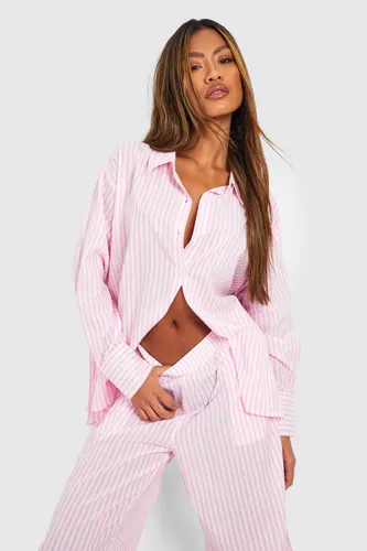 Womens Cotton Pinstripe Oversized Pyjama Shirt - Pink - 12, Pink