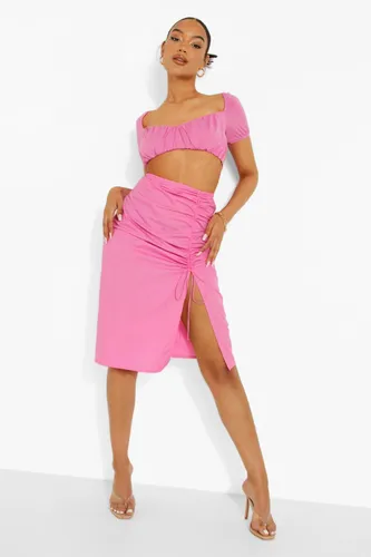 Womens Cotton Ruched Dip Waist Split Midi Skirt - Pink - 6, Pink