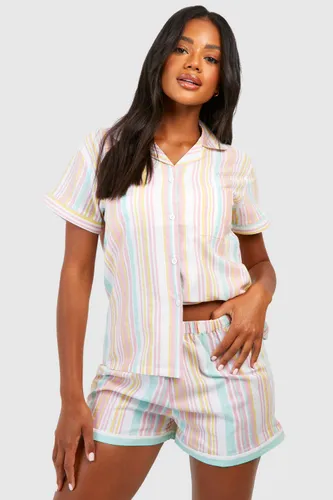 Womens Cotton Stripe Pyjama Shirt & Short Set - Multi - 8, Multi