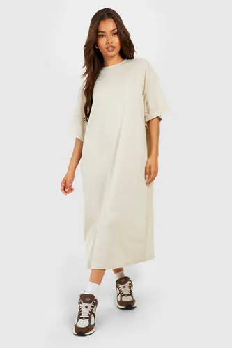 Womens Cotton Super Oversized Midi T-Shirt Dress - Beige - 10, Beige