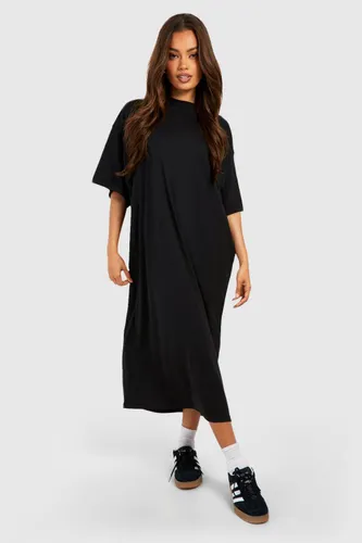 Womens Cotton Super Oversized Midi T-Shirt Dress - Black - 14, Black