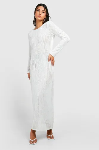 Womens Cowl Back Sheer Knitted Maxi Dress - White - 8, White