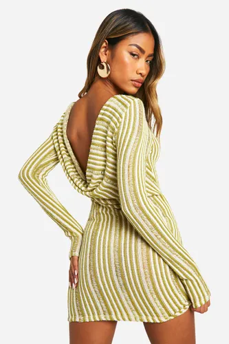 Womens Cowl Back Stripe Sheer Knitted Mini Dress - Green - 10, Green