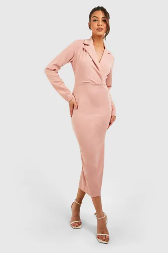 Womens Crepe Long Sleeved Wrap Tailored Midi Dress - Pink - 6, Pink