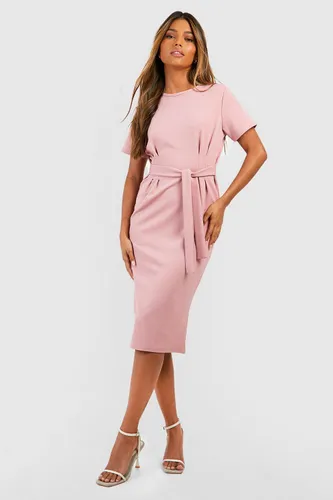 Womens Crepe Pleat Front Belted Midi Dress - Pink - 6, Pink