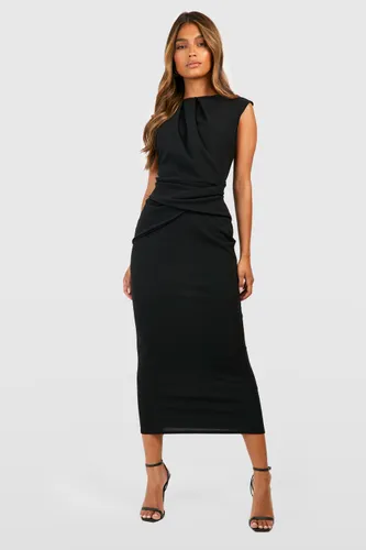 Womens Crepe Shoulder Pad Neck & Waist Detail Midaxi Dress - Black - 10, Black