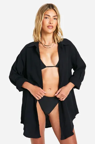Womens Crinkle Cotton Oversized Beach Shirt - Black - S, Black