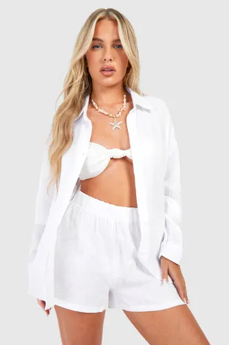 Womens Crinkle Cotton Shirt & Short Beach Co-Ord - White - L, White
