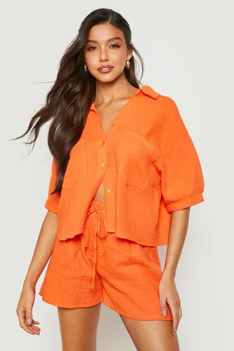 Womens Crinkle Crop Shirt & Shorts Set - Orange - 8, Orange