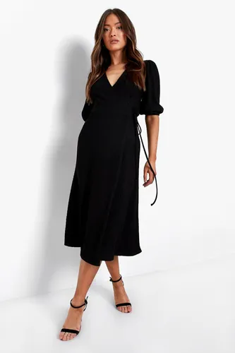 Womens Crinkle Puff Sleeve Wrap Midaxi Dress - Black - 14, Black