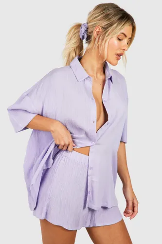 Womens Crinkle Short Sleeved Shirt, Shorts & Scrunchie Set - Purple - 8, Purple